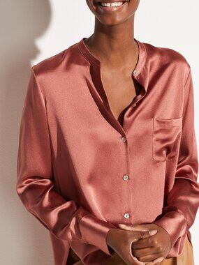Vince Slim Satin Band Collar Silk Blouse Rosewood Pink NWT‎ Size 0 2 4 6 $295
